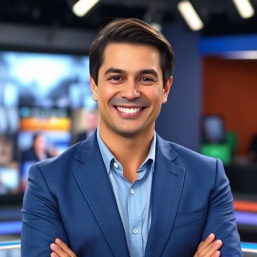 √Çncora de not√≠cias em um est√ºdio de televis√£o, sorrindo para a c√¢mera e vestindo um blazer azul.